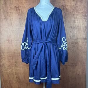 Strut & Bolt SMALL navy blue long sleeve mini dress braid embroidery pockets